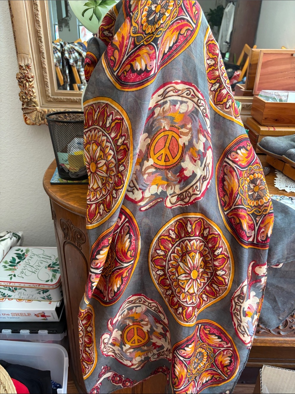 Karma Gray Scarf with Red, Pink & Gold Medallions